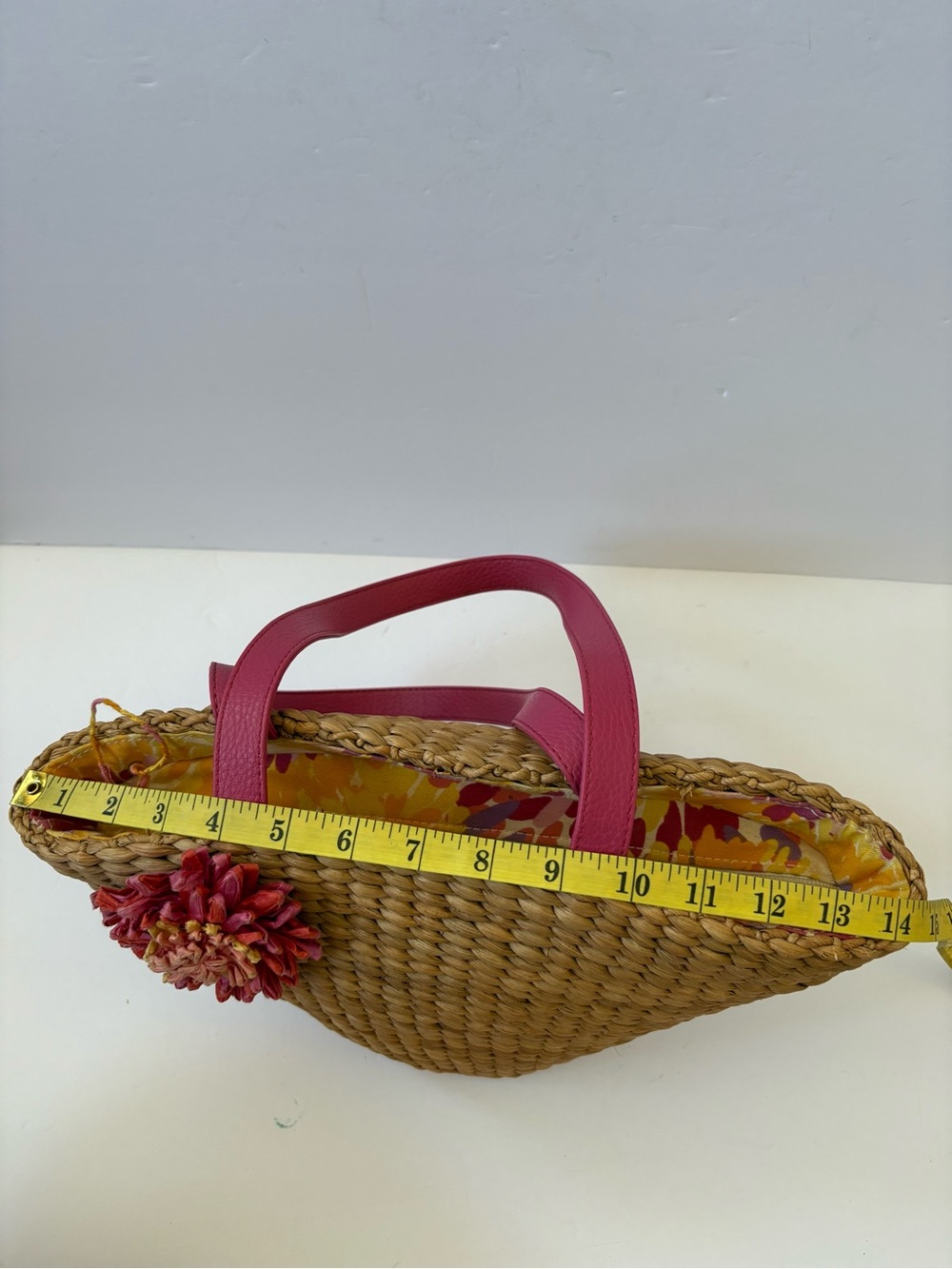 Woven Straw Bag Purse Pink Floral Appliqué Strap Zip Resort Cruise Coastal Beach - Picture 7 of 9